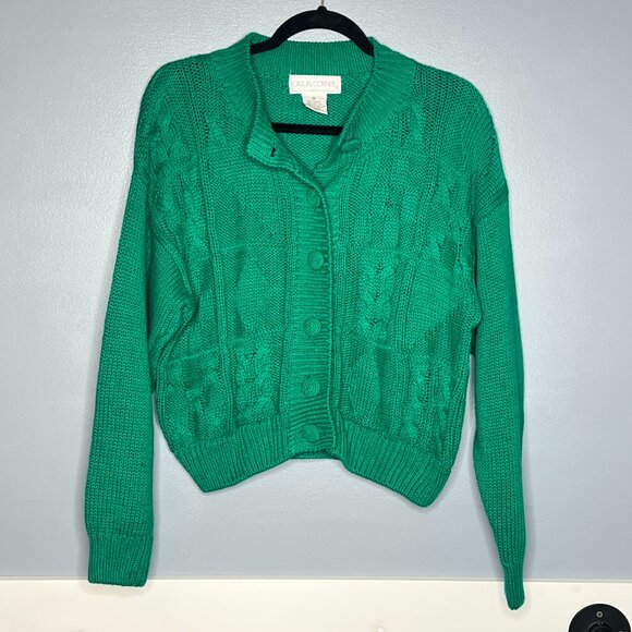 Casual Corner Vintage Chunky Knit Cardigan Green Button Front Y2K Cozy Sweater M - Picture 2 of 4